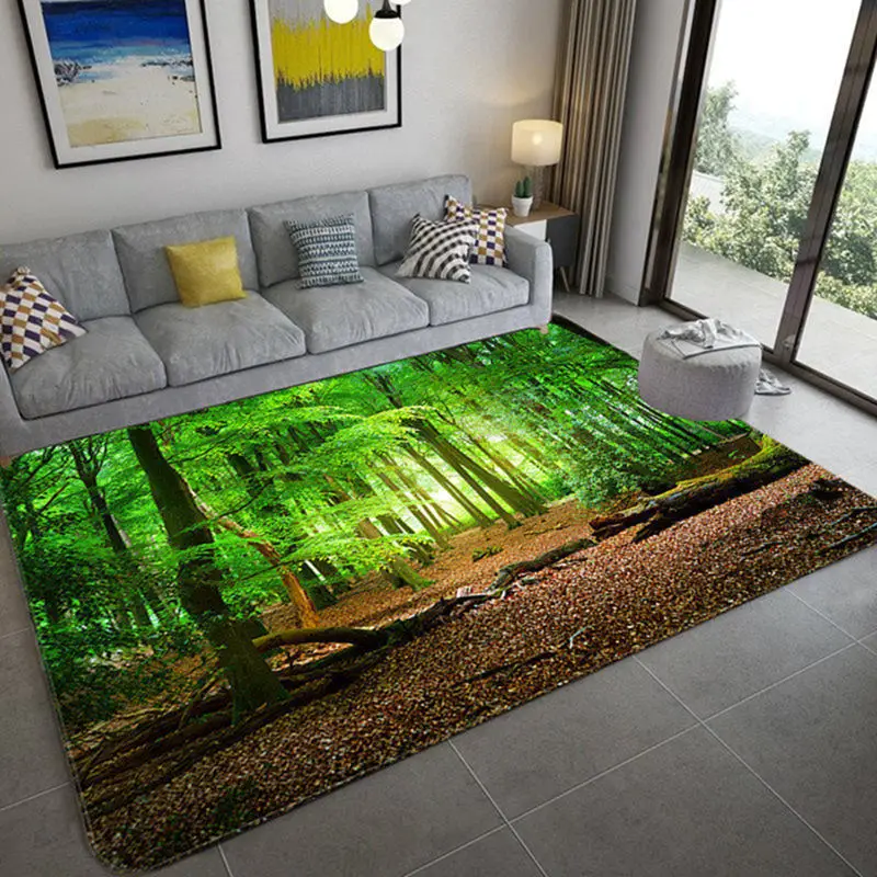 

Natural Scenery 3D Carpet for Living Room Green Forest Waterfall Landscape Rug Bedroom Anti-slip Carpet In The Bathroom Large