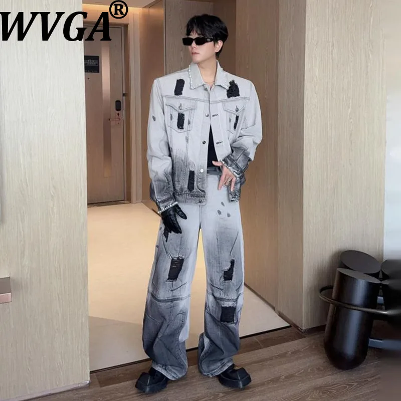 

WVGA Spring Autumn New Men Tide Streetwear Denim Jacket Distressed Trendy Design Niche Chic Casual Wide-Leg Pants Ins Y2K W16043
