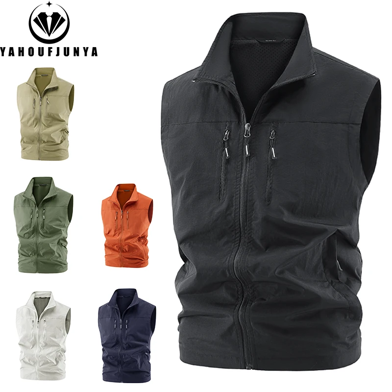 

2025 Summer Men Thin Tool Outdoor Leisure Stand Collar Vest Men Camping Fishing Breathable Loose Sleeveless Vest Male Waistcoat