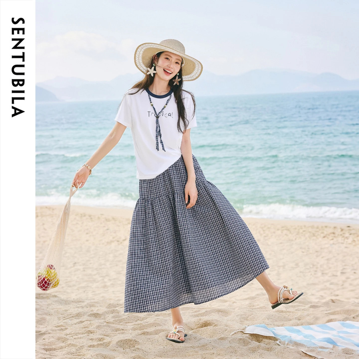 SENTUBILA Women's Retro Suit 2026 Summer Round Neck Embroidered T-shirt Plaid A-line Cake Skirt Commuter Two-piece Set 162ZC7496