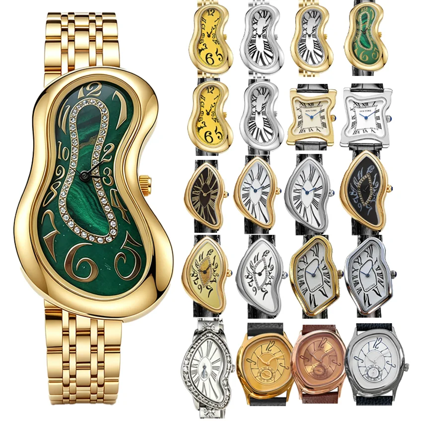 Luxury Quartz Men's Watch Vintage Cash Creative Melting Twisted Watches for Women Irregular Case Leather Y2K Ins Style Watch