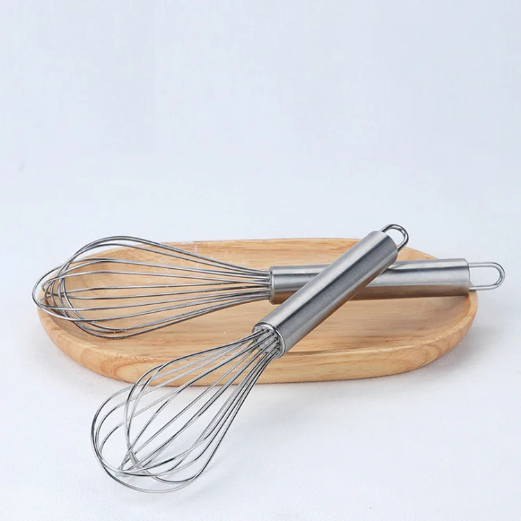 Stainless steel hand-cranked egg whisk with six-wire design in 8 10 and 12 inch sizes ideal for whipping cream batter and mering