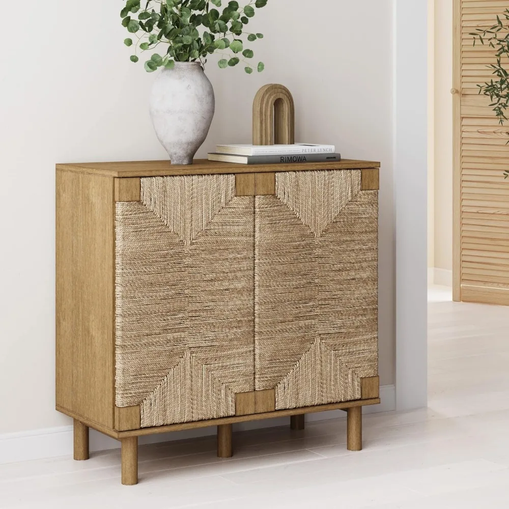 Beacon Accent Natural Sideboard Storage Cabinet in Light Wood with Adjustable Interior Shelf and Seagrass Doors, for Hallway, E