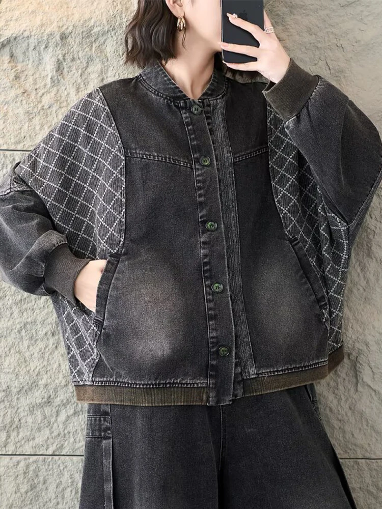 Amax LuluE 2026 Spring Korean Punk Denim Jackets Ladies Vintage Oversized Fashion Coats Womens Classic Leisure Plaid Outerwear