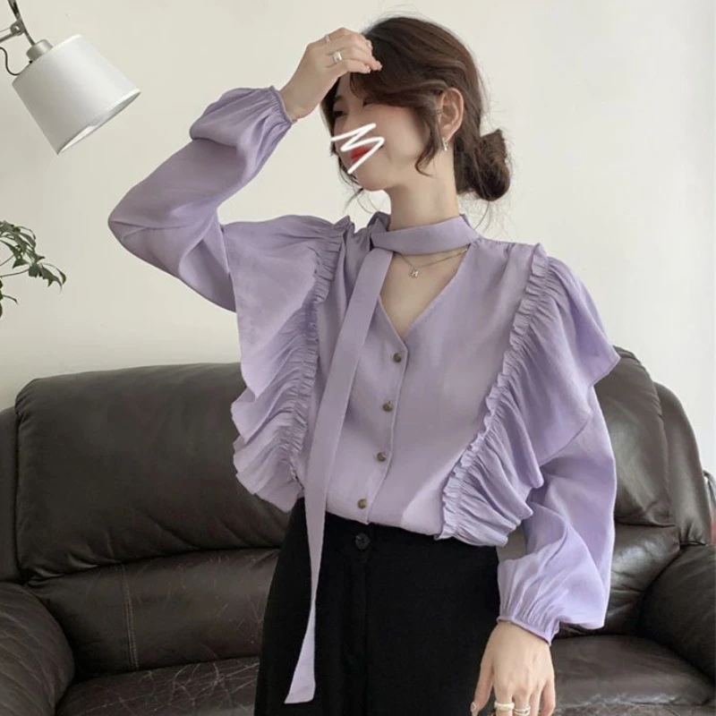 Purple Shirts Women Ruffles Temper Elegant Crop Designer Aesthetics Sweet Gentle Baggy Vintage Camisa V-neck Clothes French Ins