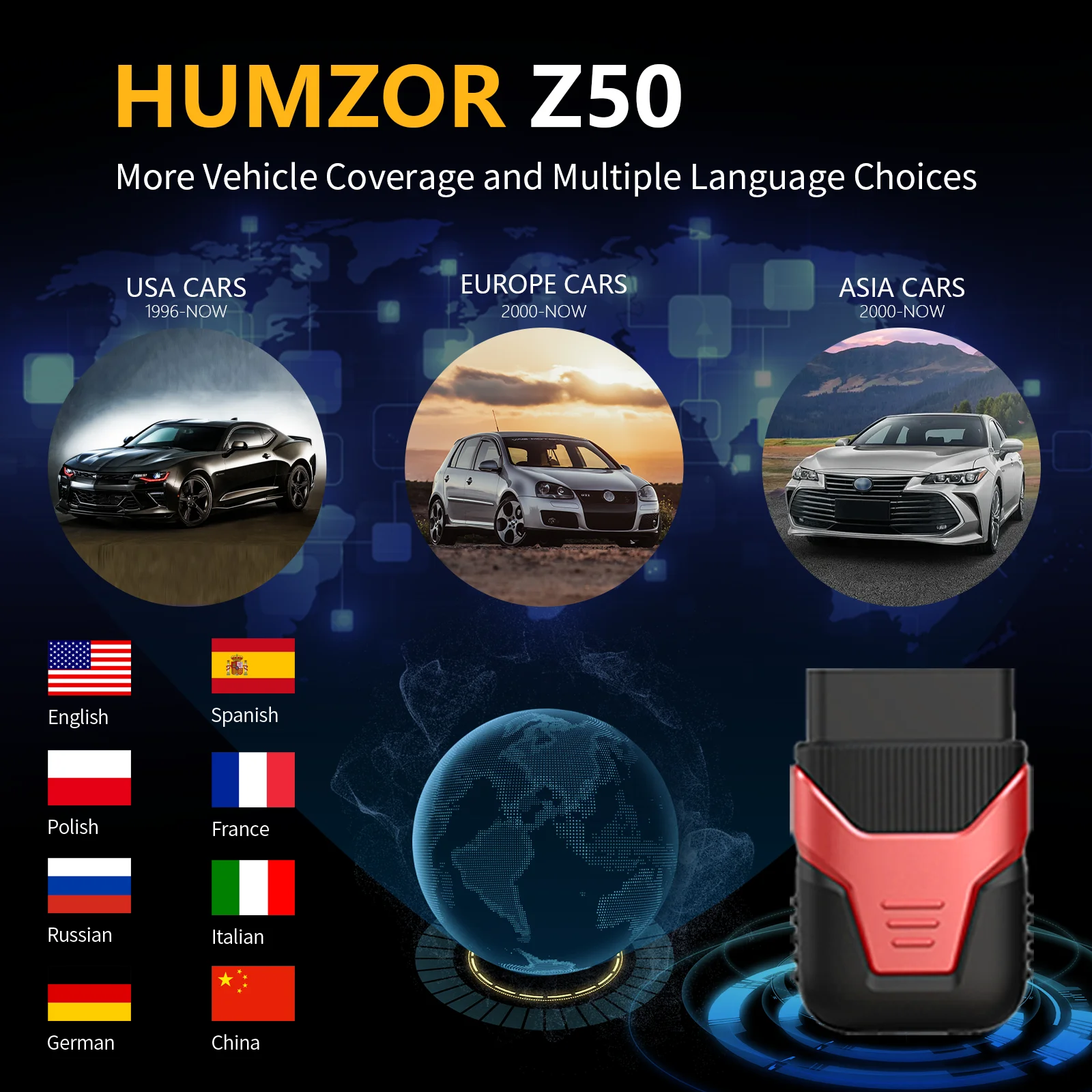 

Полная система Humzor Z50 OBD2 Автомобильный диагностический сканер Механический считыватель кодов EOBD для многоязычной поддержки