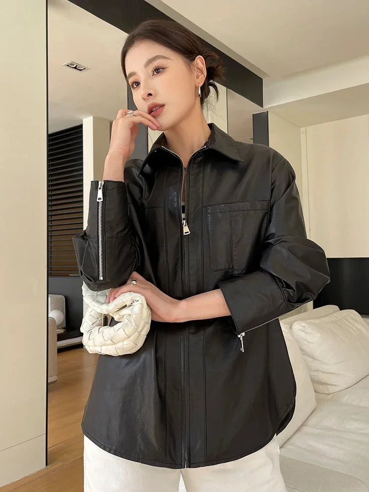 Women\'s Black Sheepskin Coat Spring Autumn 2024 Trend High-end Simple Loose Casual Zipper Genuine Leather Jacket