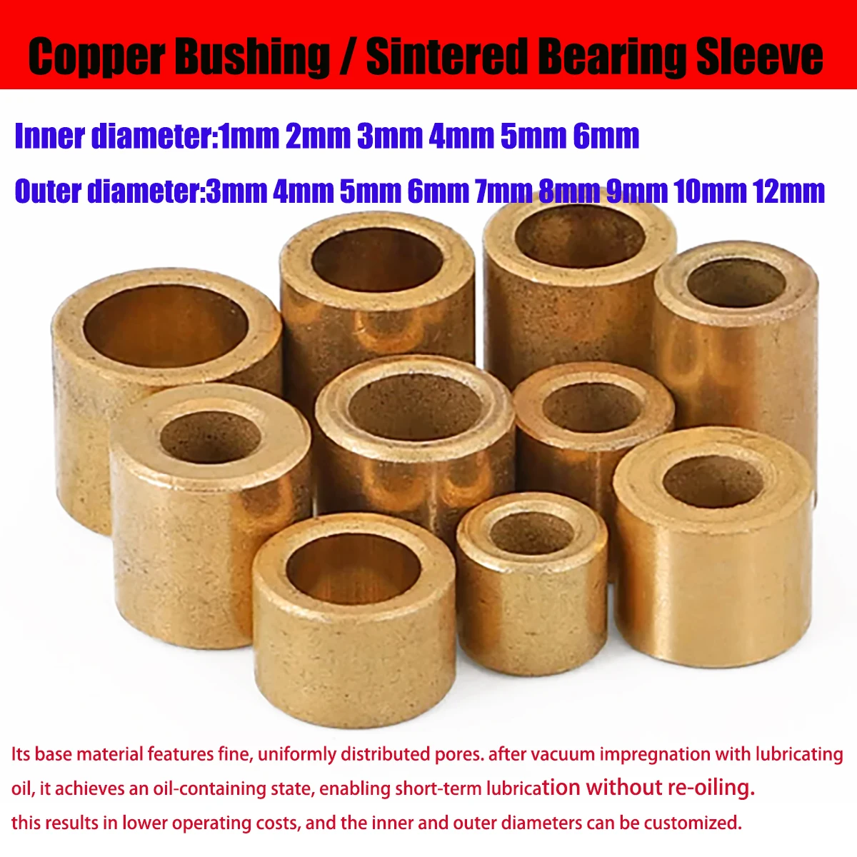 Sintered Bronze Bushing 1‑6mm ID Self‑Lubricating Copper Bearing Sleeve for Motor Fan Appliance Parts