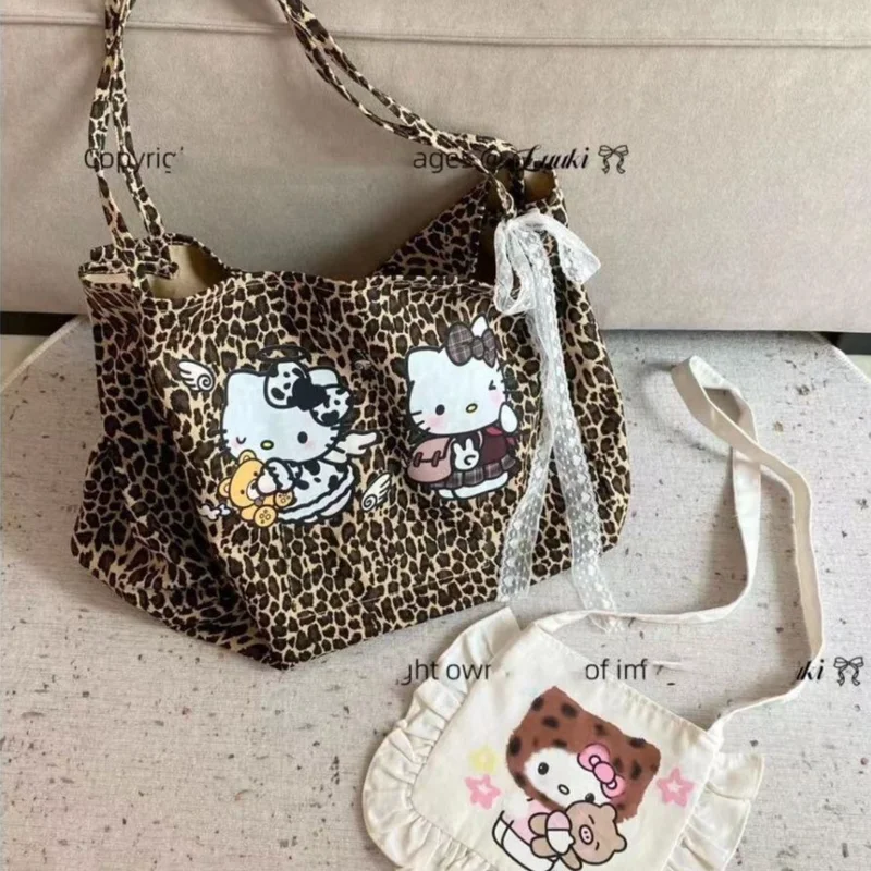 Hello Kitty Leopard Tote Bag Anime Sanrio Y2K Handbag Kawaii High-Capacity Shoulder Bag Cartoon Women Bags Axillary Pouch Gift