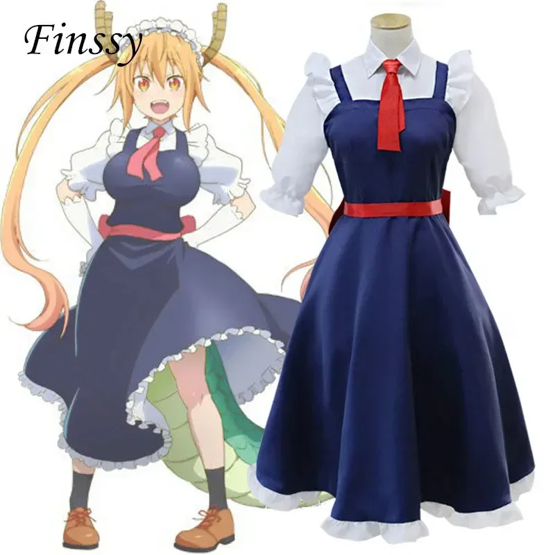 Anime Miss Kobayashi's Dragon Maid Tohru Cosplay Costume Women Maid Uniforms Including Gloves Dragon Horn White Knee Socks