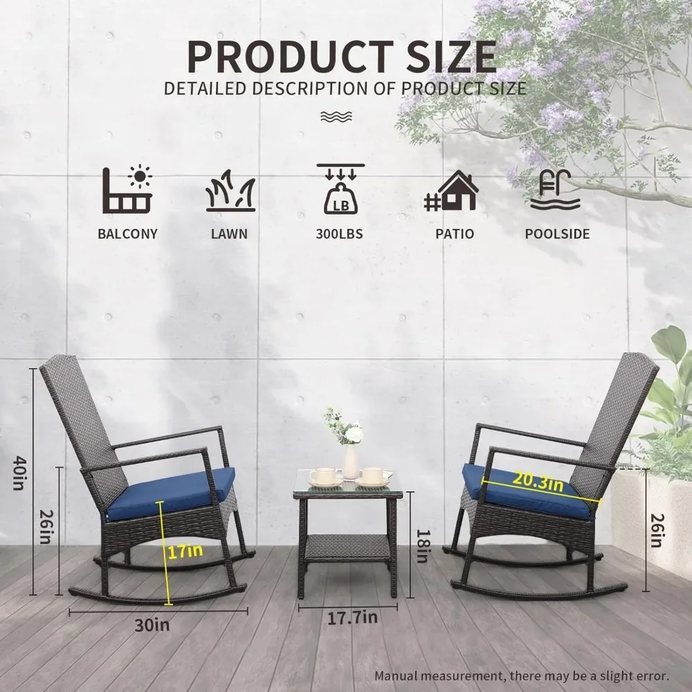 3-Piece Rattan Rocking Chair Set, Pátio de Vime e Bistro, Marrom e Rattan Móveis Conjuntos com Mesa de Café, Almofada Azul Marinho