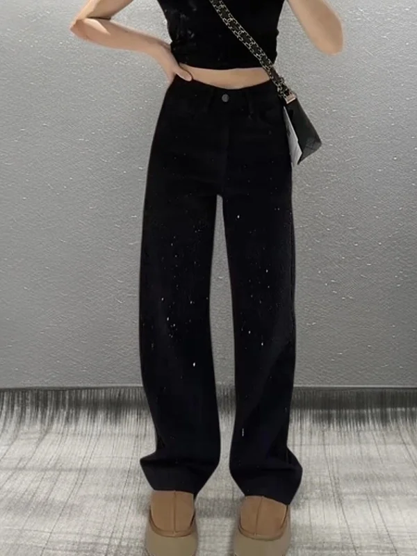 

American Sle Retro Diamond Embellied High Waist Wide Leg Jeans Women's Straight Cut Pants Slimming Versatile Casual Jeans