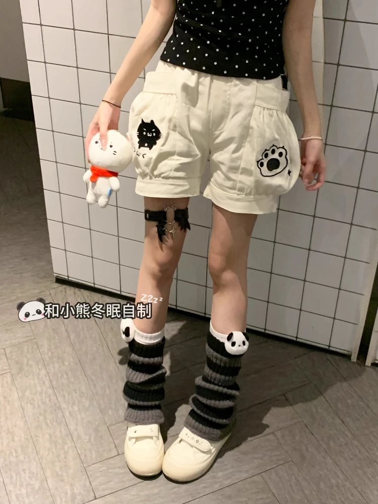 Kawaii Cat Print Shorts Women 2025 Summer Harajuku Loose Elastic Waist Shorts with Pockets Cartoon Paw Embroidery Korean Style