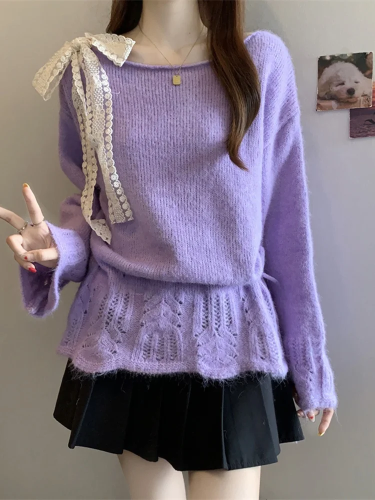 

Women's Lace Knot Hollow Long Sve Knitted Sweater Gentle Base irt Spring New Inner Wear Outer Wear Top