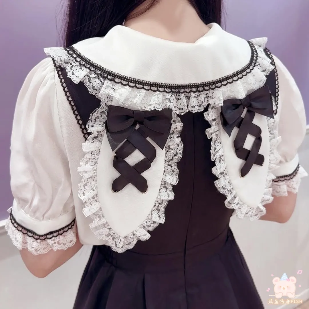 Japanse Mijn Stijl In massa geproduceerde Zoete Veelzijdige Lolita Blouse Schattig Konijn Oor Marine Kraag Boog Korte mouwen Tops Dames Shirts
