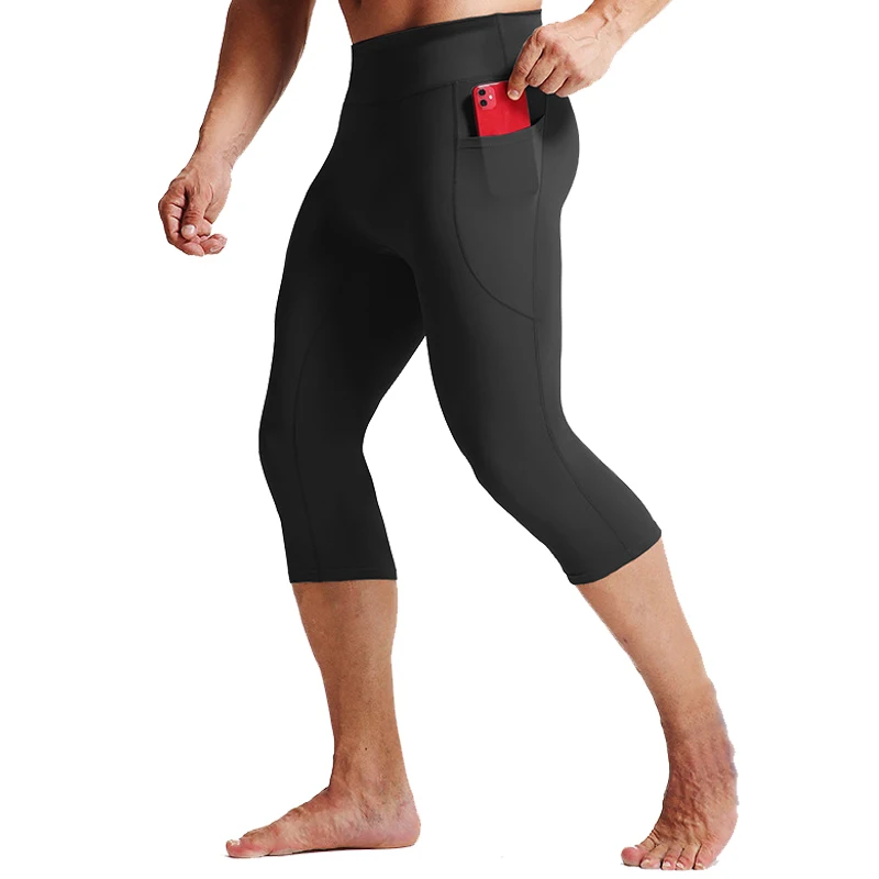 Herren-Yoga-Caprihose mit hoher Taille und Taschen – dehnbare Workout-Leggings für Fitness und Laufen – Detail 1