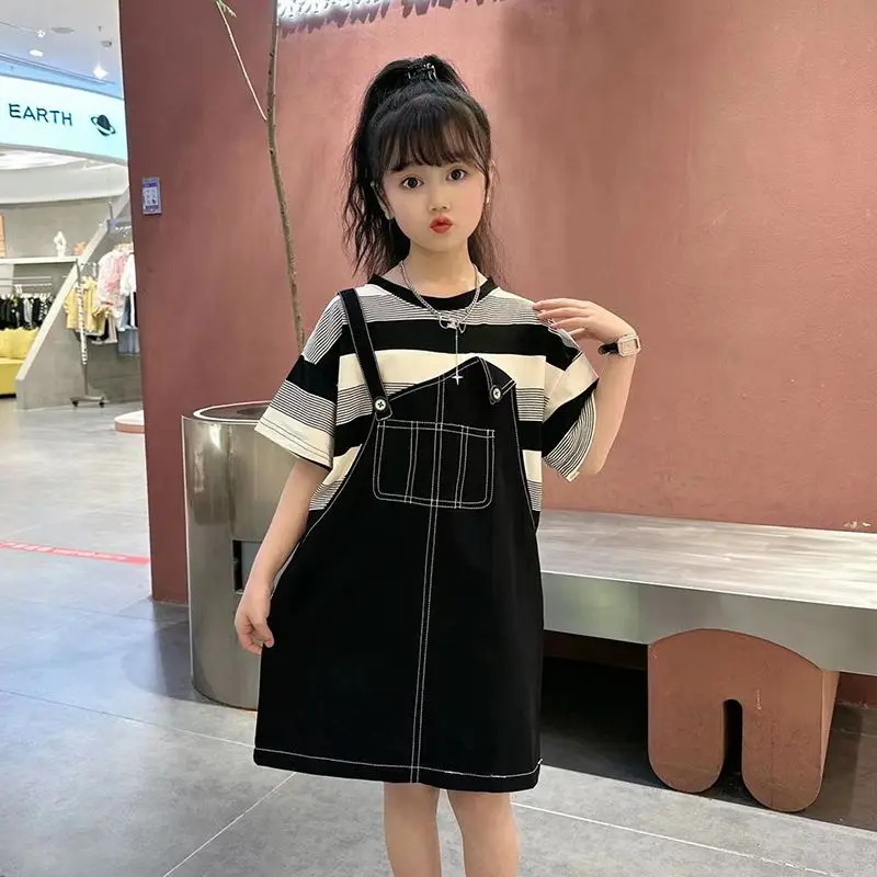 Girls Fake Two Piece Dress 2023 New Summer Korean Fashion Dress Children's Thin A-line Dresses Princess Dress for Girls 2 7 Year