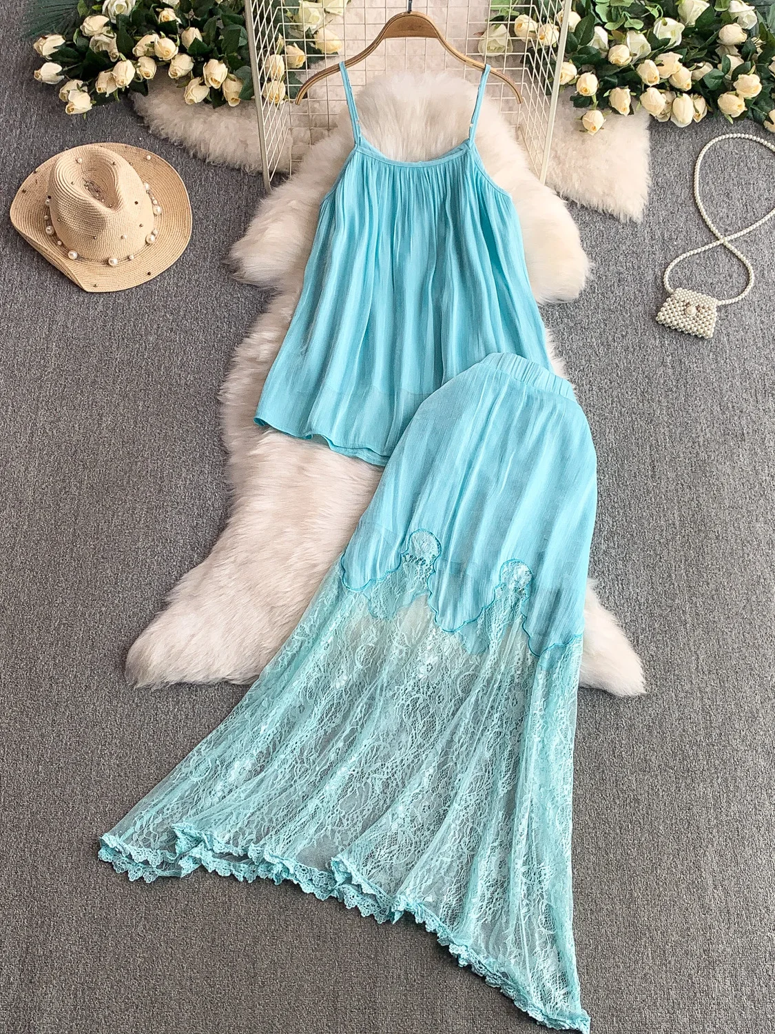 Blaues Spitzenbesatz-Top und hoch taillierter, schlankmachender langer Rock-Set, sexy Splice-Design, Urlaubsfaion, zweiteiliger Damenanzug