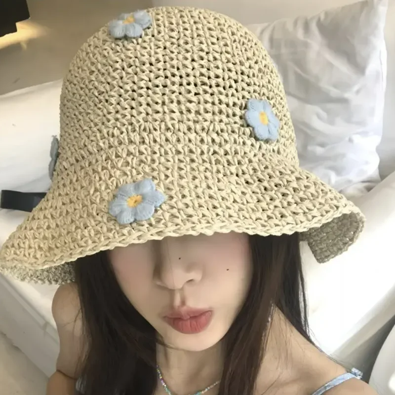 

Летняя женская соломенная шляпа с цветочным принтом, приморская защита от солнца, рыбацкие шляпы для гольфа, повседневные складные уличные полые солнцезащитные кепки