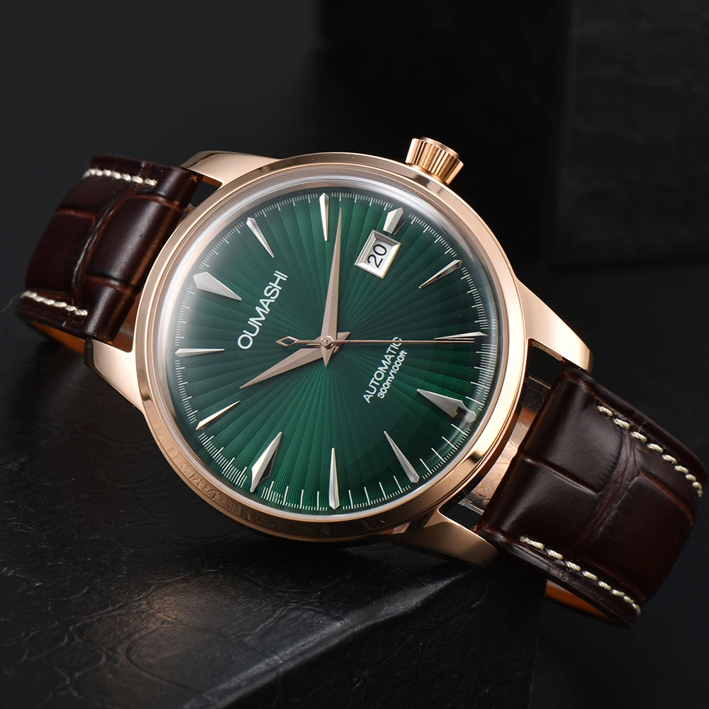 Orologio automatico da cocktail NH35 personalizzato Orologio da polso impermeabile con doppia cupola Tandorio Orologio da immersione con data Orologio da uomo con cinturino in pelle