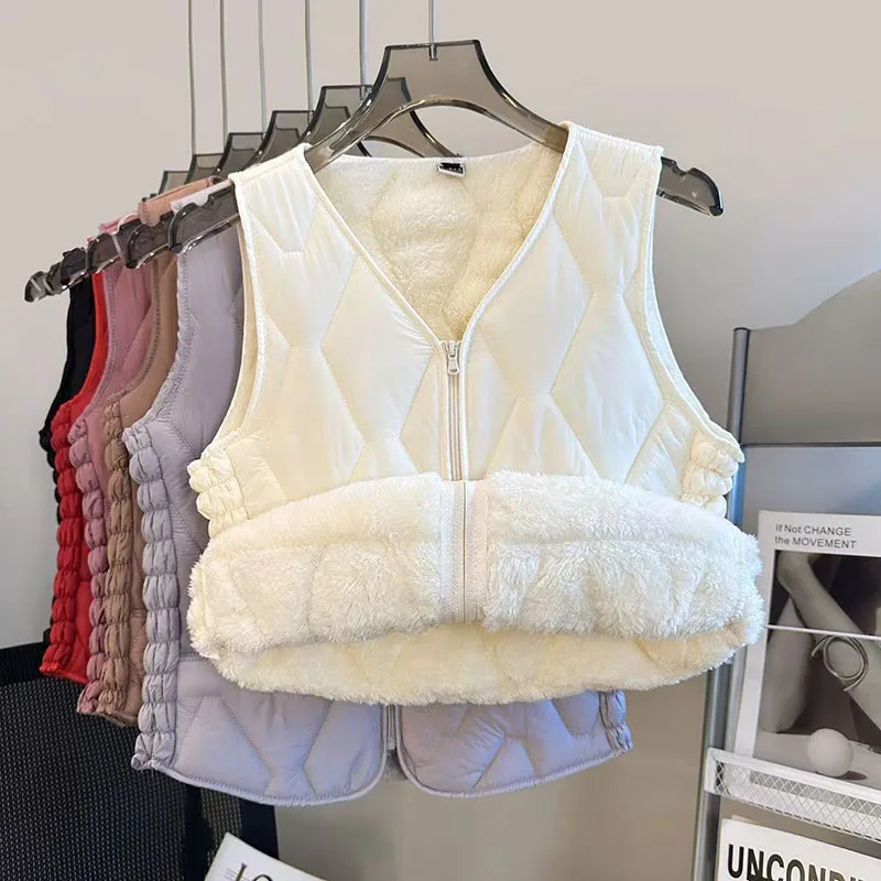 Women Lightweight Down Cotton-padded Vest 2026 Autumn Winter Fleece Waistcoat Top Bottom Short Zipper-up Slim Sleeveless Jackets