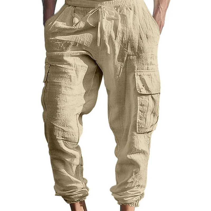 Men's Loose Cargo Pants with Pockets Soft Casual Solid Cuffed Drawstring Pants