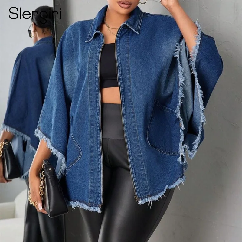 

Slergiri Women's Fashion Loose Zip Up Denim Jacket Streetwear 2025 Autumn Vintage Batwing Sleeve Pockets Casual Jeans Tops