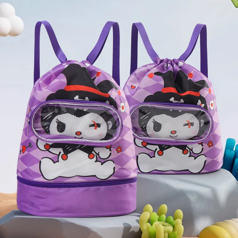 

Детская мультяшная сумка для плавания Sanrio Kuromi, вместительная сумка для хранения с разделением для сухой и влажной воды, шлепанцы, рюкзак для плавания