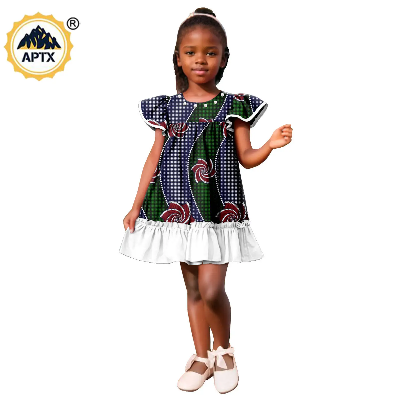 

African Clothes for Girls Ankara Print A-line Dresses Bazin Riche Ruffle Puff Sleeve Dress Children Kids Party Outfit 2445018