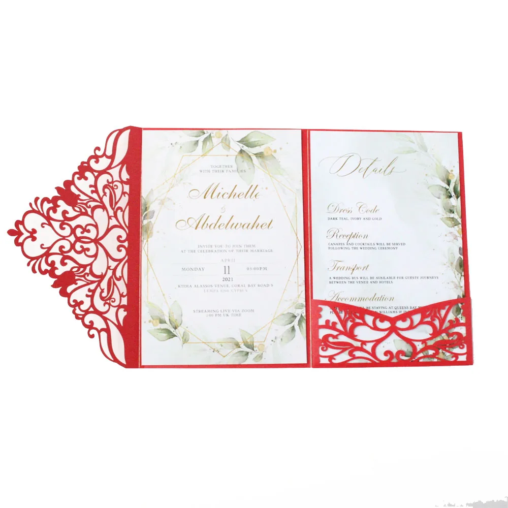 Red Laser Cut Wedding Invitation Card Birthday Party Flower Laser Pocket Personalized Invite RSVP Printing 50 Pcs Multi Colors