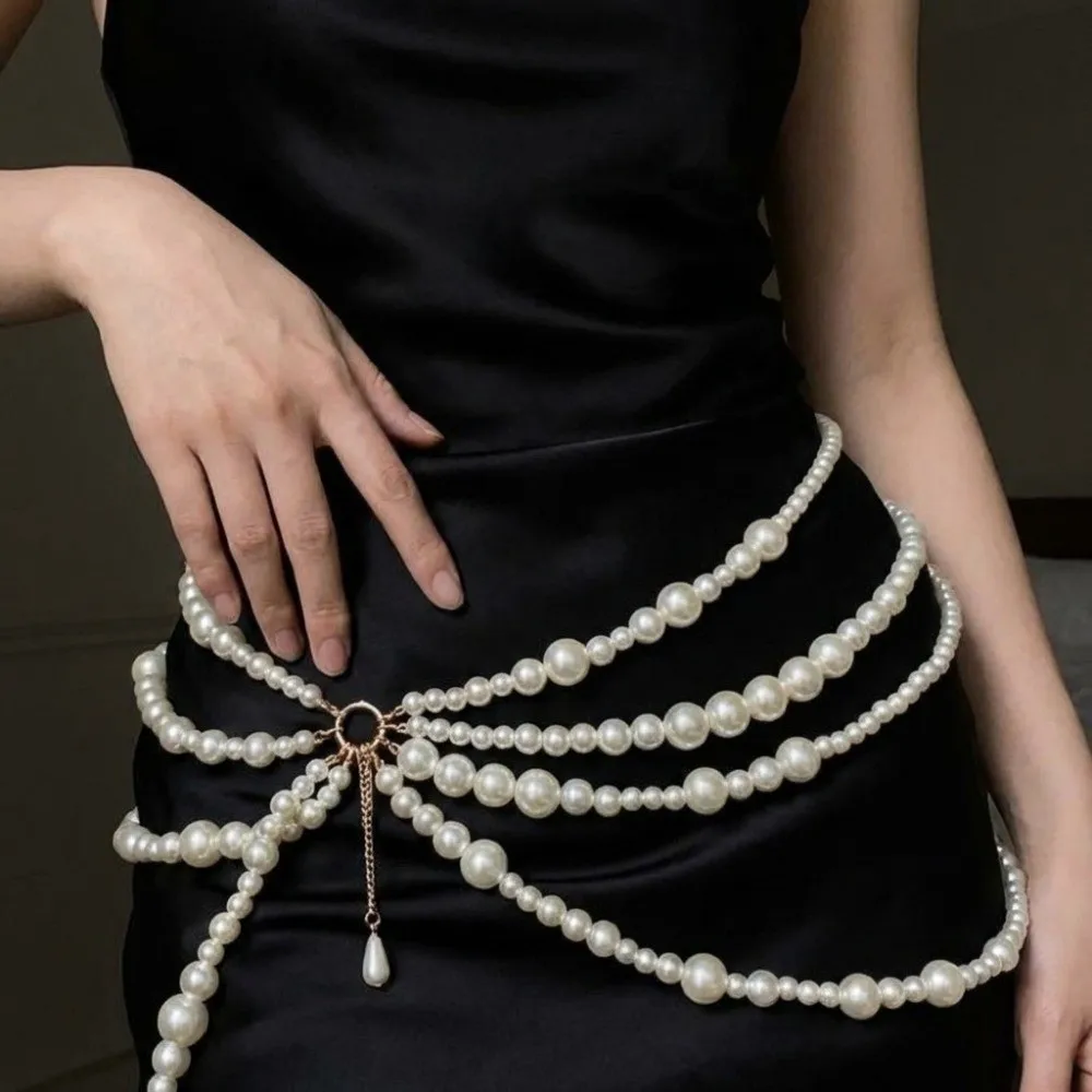 Unique Golden Pearl Waist Chain All-match Y2K Multilayer Body Chain Dress Decor Waistband Beadeds Body Chain Dress