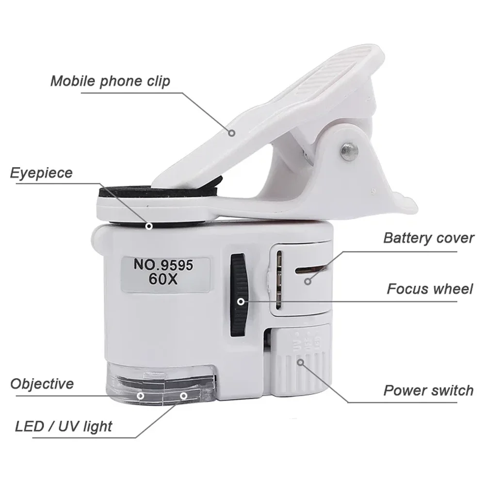 Universal Clip Microscope LED Jewelry Magnifying Glass Focusing Adjusted Pocket Microscope with Cell Phone Clip UV Light 60X