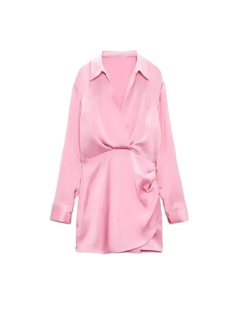 Women Fashion With Gathered Satin Mini Dress Vintage V Neck Long Sleeve Female Dresses Vestidos Mujer