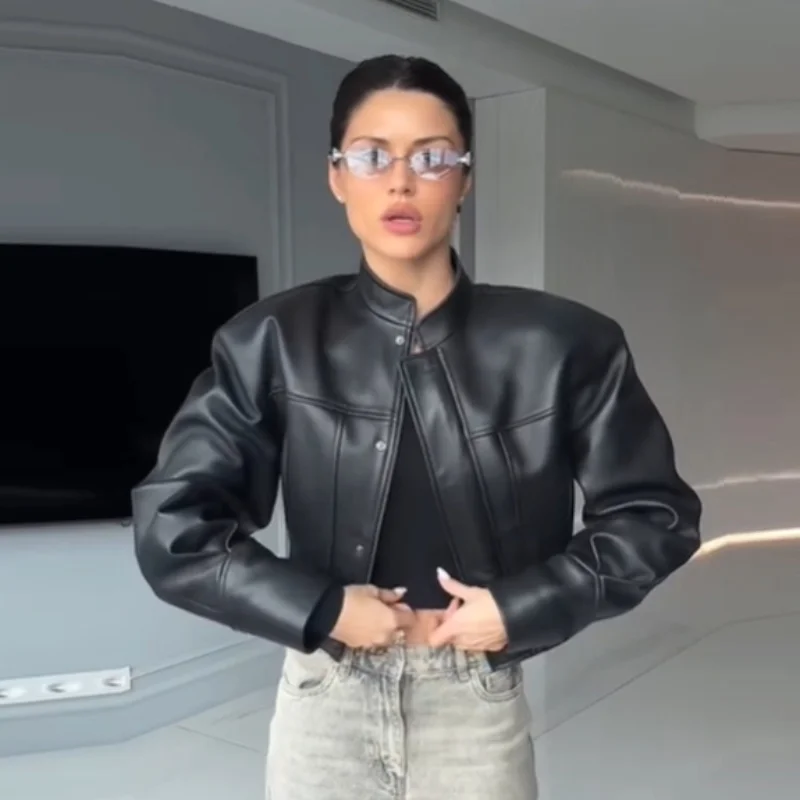 Stylish Cool Girl Faux Short Leather Jacket Elegant Luxury Vintage Smooth Button Coat Women's 2026 Motorcycle High Street Tops