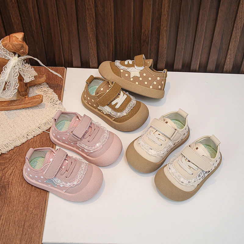 Autumn Toddler Girls Canvas Shoes Polka Dot Star Lace Hook and Loop Anti-Collision Toe Casual Sneakers for Little Girls