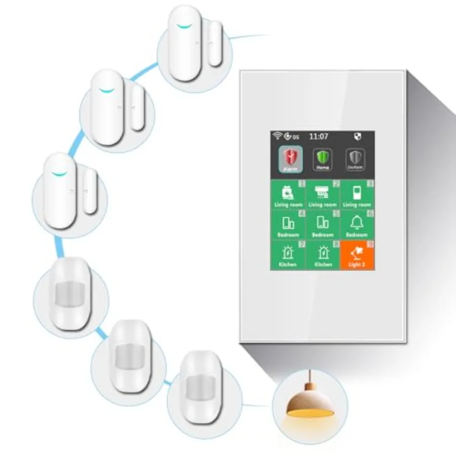 

L8 LCD Alarm Smart Switch for home security and light control, ABS plastic, white, 7-piece DIY door/window alarm kit with app c
