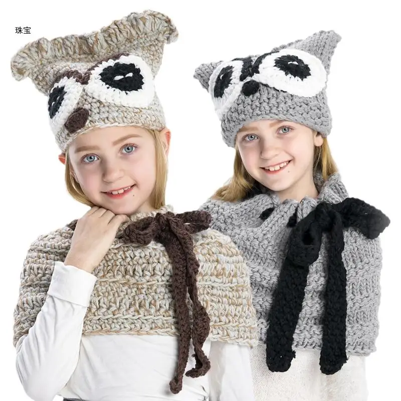 

X5QE 2 Pack Kids Hat Scarf Owl Crochet Cozy Winter Neck Scarf Warm Set for 3-9 Years Old Baby Infant Child