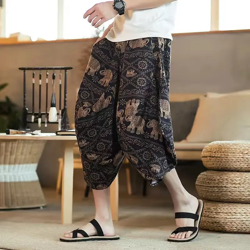 Summer Loose Casual Harajuku Y2K Printing Cotton Linen Harem Shorts Male Elastic Waist Streetwear Fashion All-match 5XL Pants