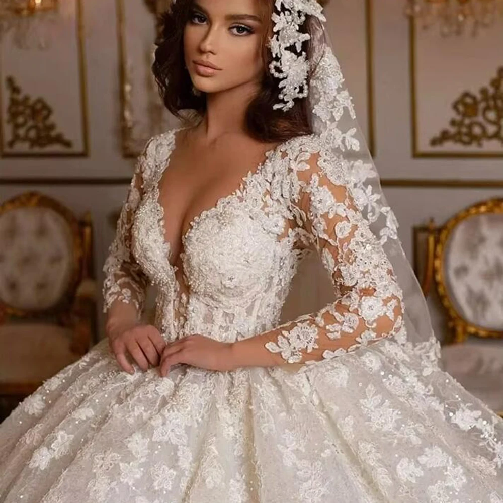 Vestidos de noiva românticos com decote em v, mangas compridas personalizadas, apliques, vestidos de casamento, festa formal, roupas de casamento, robe mariee