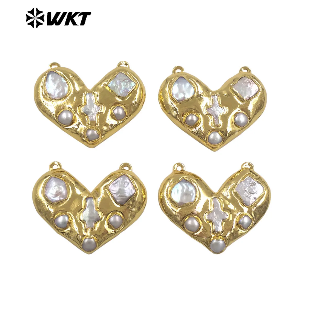 

WT-PC019 Романтический роскошный позолоченный коннектор в форме сердца с натуральным пресноводным жемчугом и двойными кольцами для изготовления ожерелий для девочек