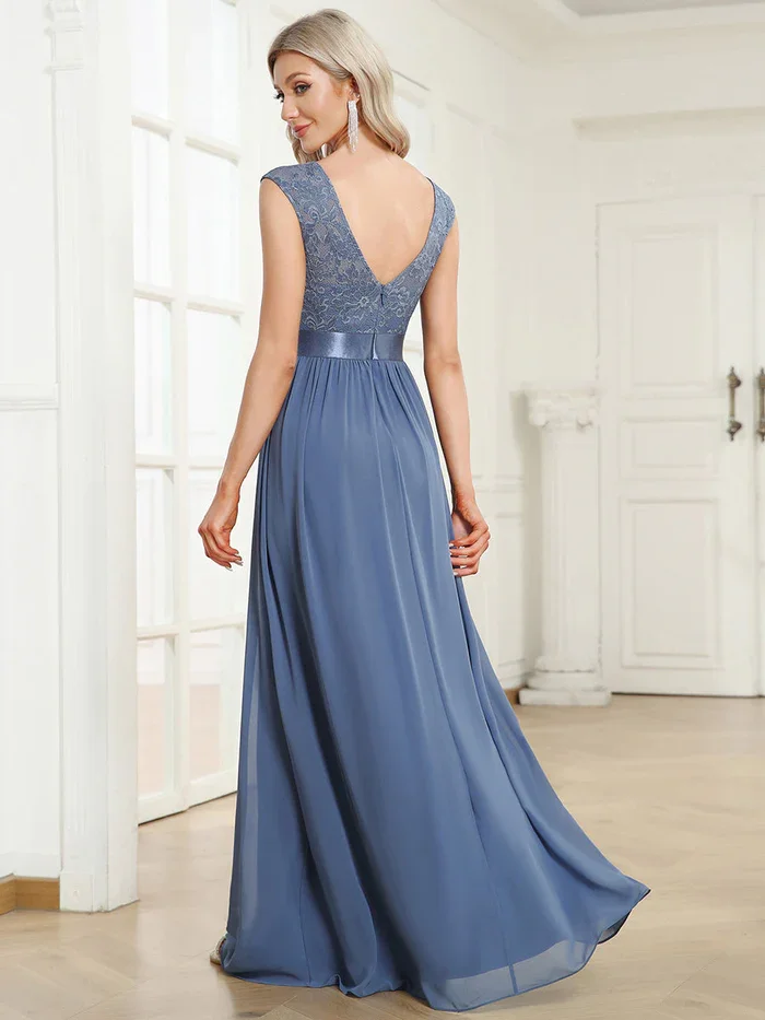 Woman'S Elegant Evening Dresses, Sleeveless Waist Retraction Cocktail Dresses, V Back Belted Lace Decals Bridesmaid Dress