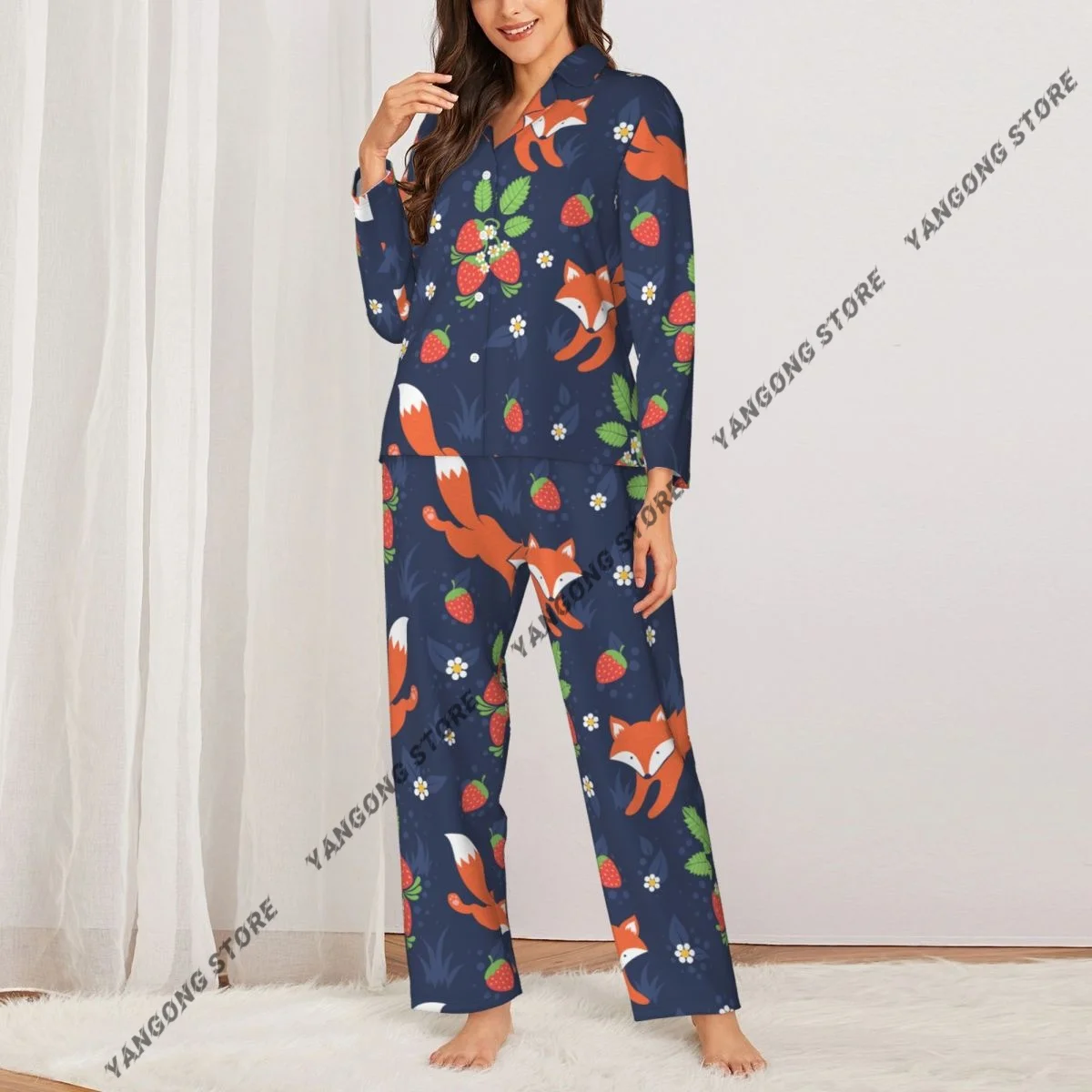 Women Sleepwear Pajamas Foxes And Wild Strawberries Pattern Long Sleeve Pijama Female Set Negligee Cardigan Suit