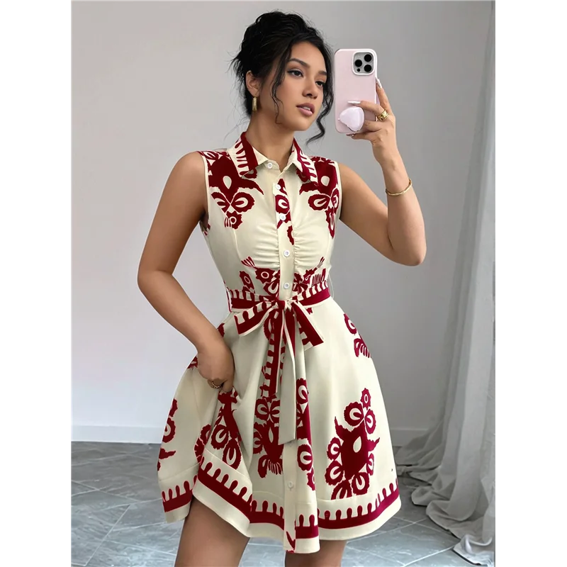 【SEE】 Abito da sole midi abbottonato fluido con cintura senza maniche con stampa floreale Boho estiva 2025 da donna