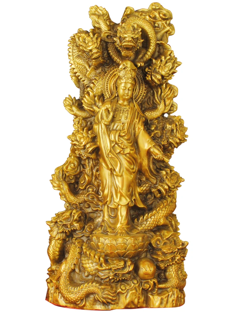 Chinese Brass Copper Fengshui 9 Dragon GuanYin Goddess Buddha Statue