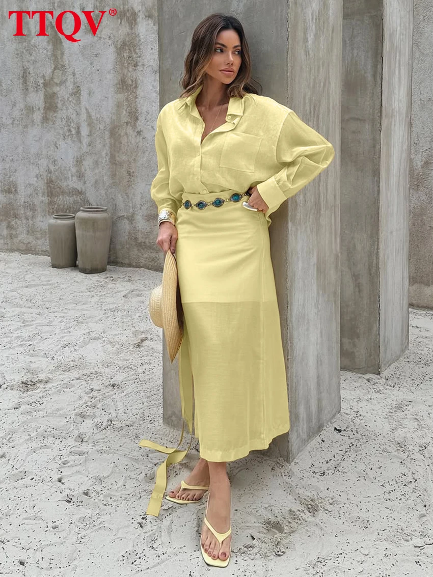 

TTQV Fashion Loose Yellow Cotton Women's Two Pieces Set 2026 Elegant Long Sleeve Shirt With High Waist Long Skirt Set Female