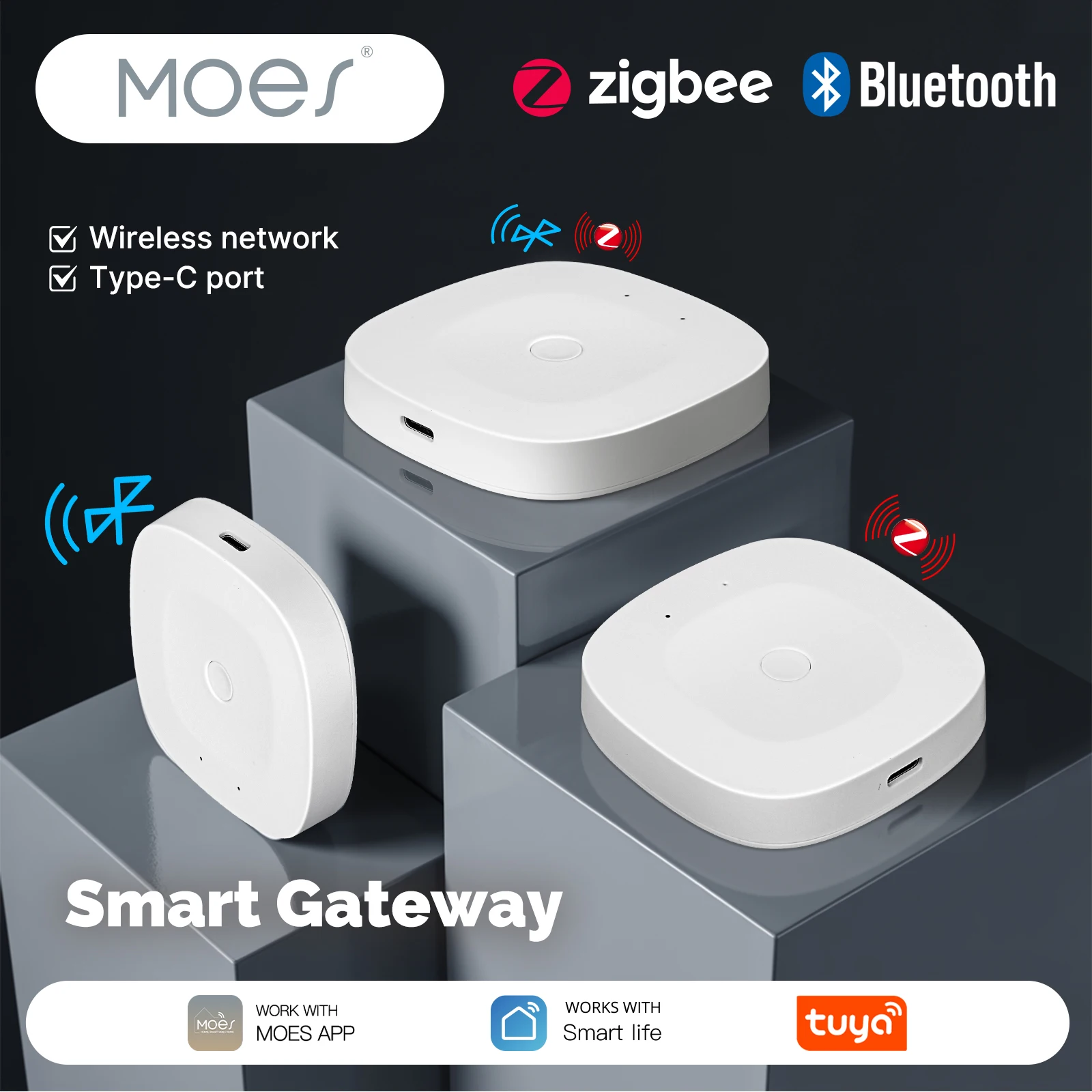 MOES Smart Home Hub, Bluetooth/ZigBee/Multi-mode Gateway,Compatible with Tuya App,Alexa Google Home,Type-C Port,Wireless Network