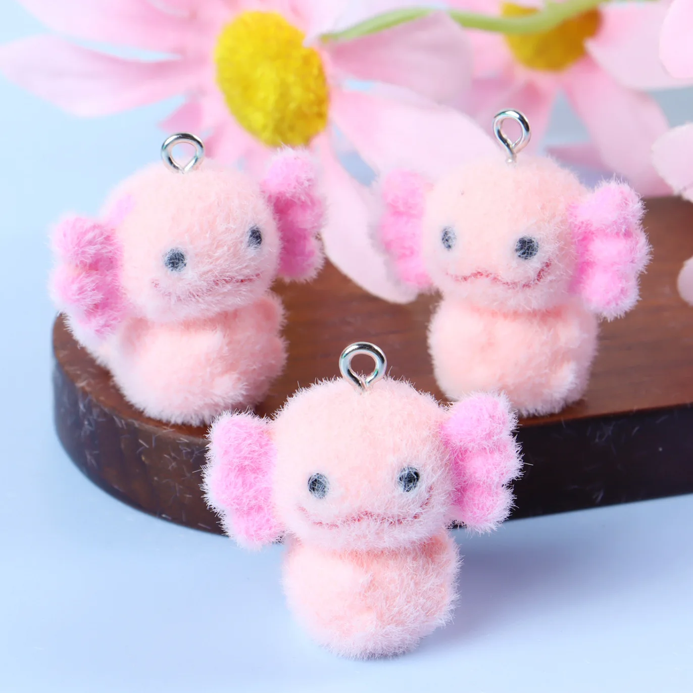 3Pcs Cute Flocked Plush Hexagonal Dragon Pendant Resin Cartoon 3D DIY Keychain Mobile Bag Charm Accessories