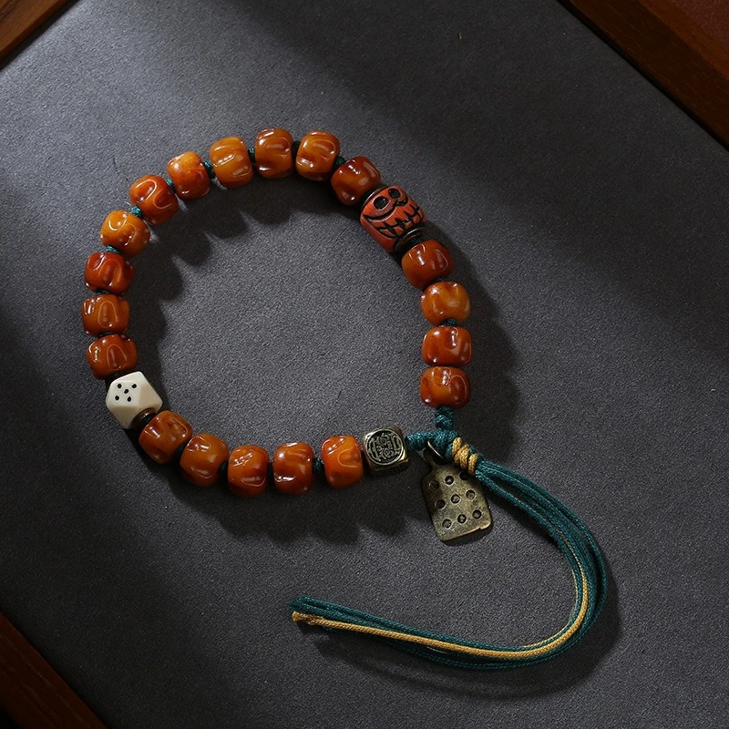 Tibetan style camel bone inlay, hand-held camel bone, writing and playing with prayer beads, paired with vintage bracelets