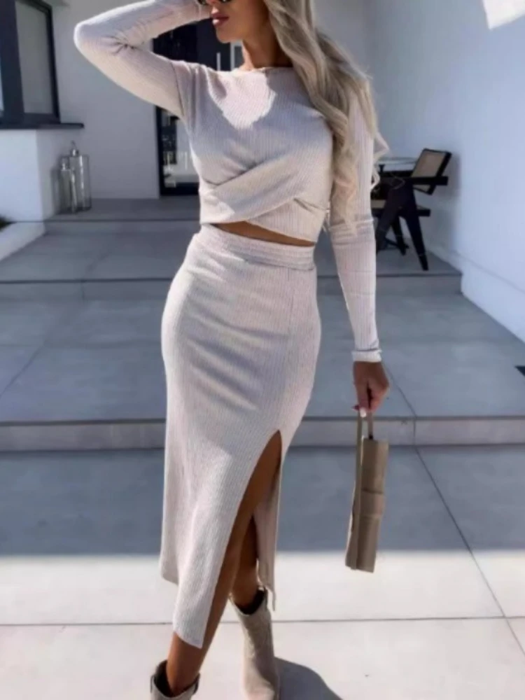 Autumn and Winter New Style Streetwear Knitting Fold Long Sleeve High Waist Slit Hip Wrap Skirt Suits Women Clothing Two Pcs Set