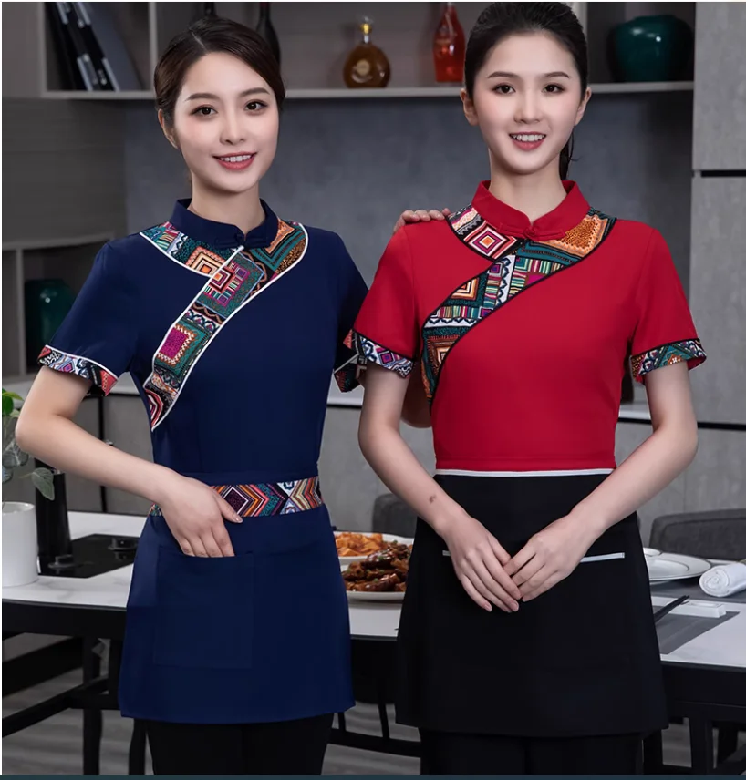 

Spring and summer waiter work uniforms with retro ethnic style farmhouse costumes